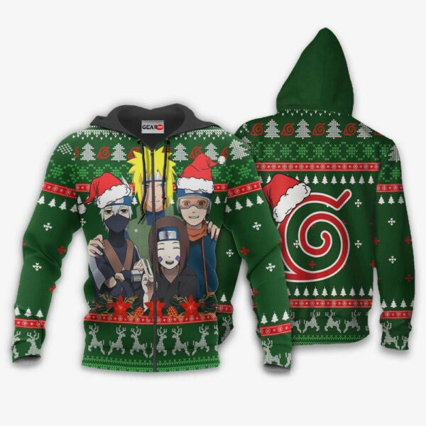 Konoha Team Minato Ugly Christmas Naruto Anime 1k416 Fan Gift Stylist Unisex Cartoon Graphic Outfits Aop 3d Hoodie, Zip Hoodie 1521