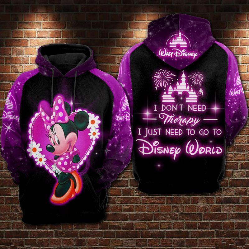 Disney Minnie Mouse, I Don't Need Therapy I Just Need To Go To Disney World Aop Hoodie