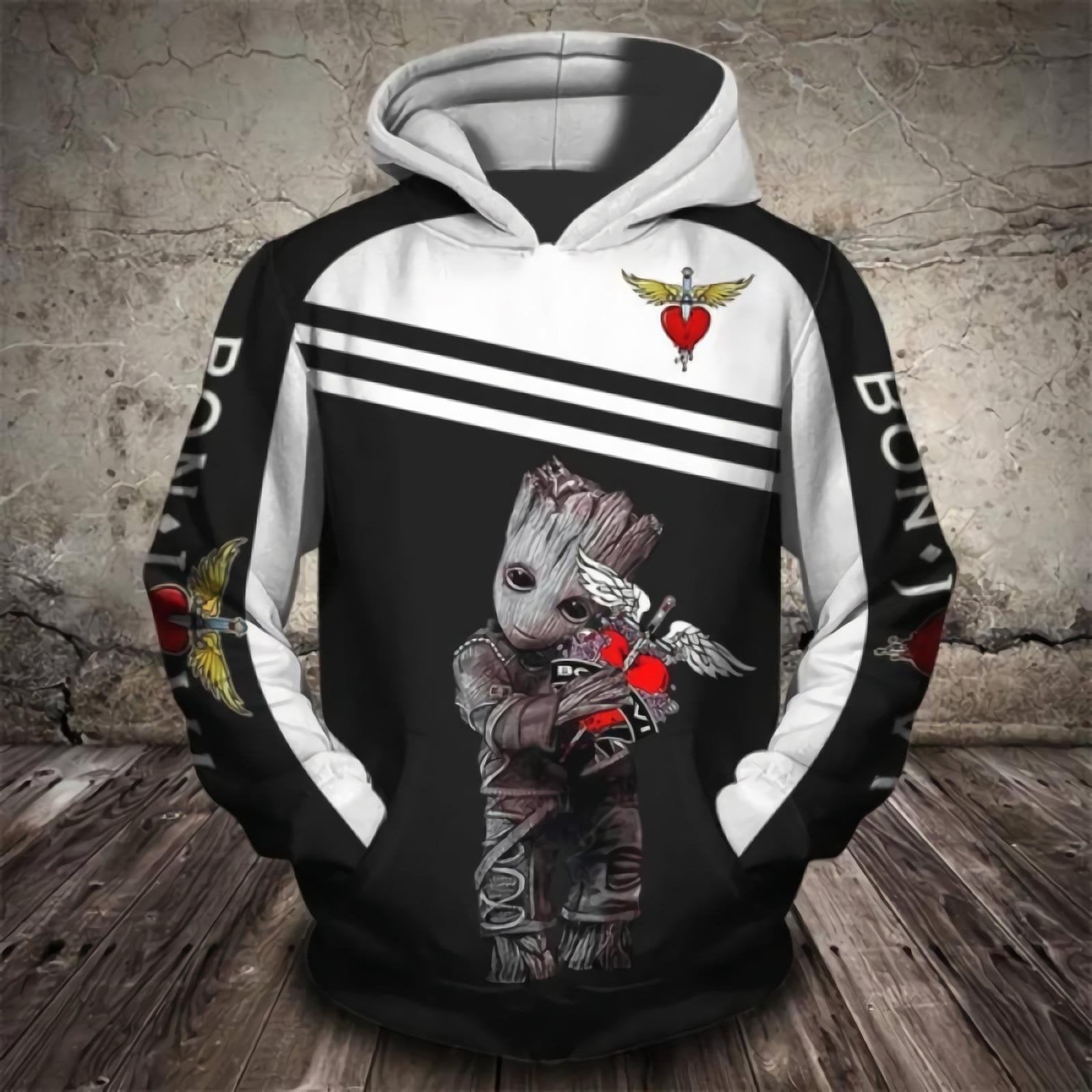 Baby Groot Marvel Comics, Groot Hug Bon Jovi Rock Band All Over Print Hoodie
